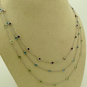3.78 Ct Garnet, Peridot and Aquamarine Gemstone by the yard 14k Necklace on a carton neck