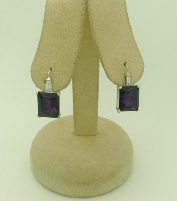 12.00 Ct Amethyst and 0.40 Ct Diamond Short Drop Earrings 18k hanging on carton ears