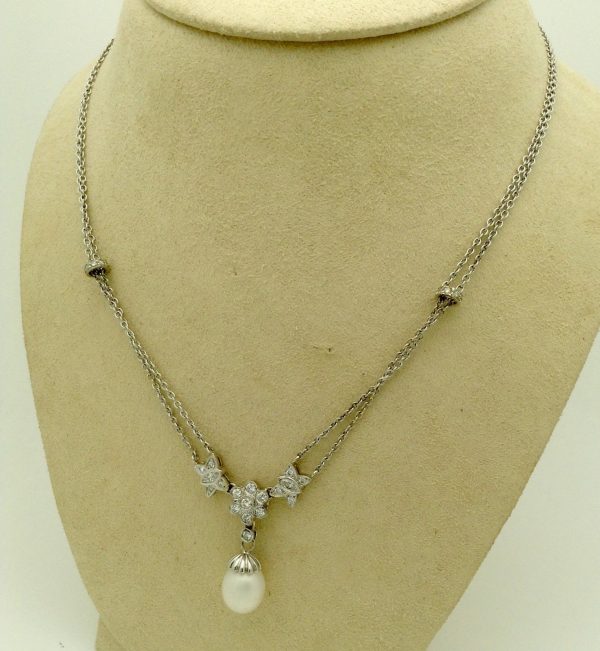1.00ct VS Diamond 14k White Gold Cluster Necklace w/ 11mm South Sea Pearl