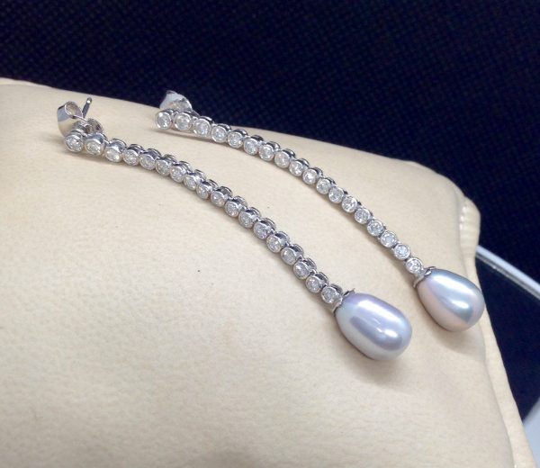 10mm South Sea Pearl Drops with 1.00 Ct Diamond Long Drop Dangle 18k White Gold Earrings