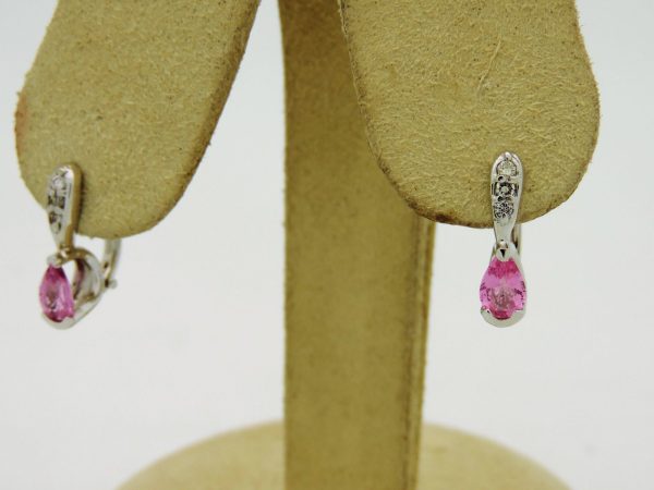 14K White Gold 0.15 Ct Diamond & 0.60 Ct Pink Topaz Short Drop Earrings