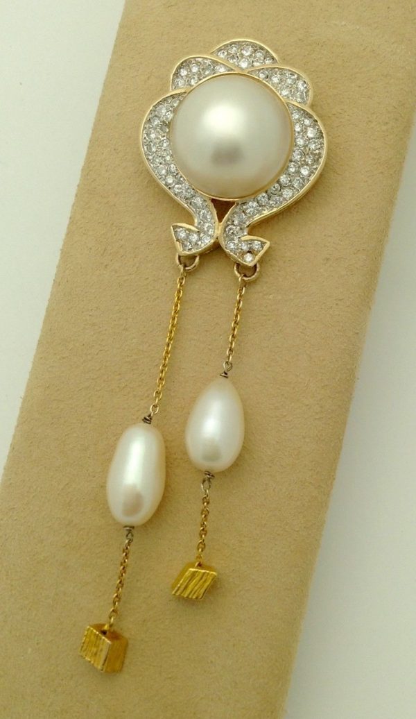 Vintage Hanging Brooch 14K Yellow Gold & 1CT VS Diamonds w/ South Sea Pearl