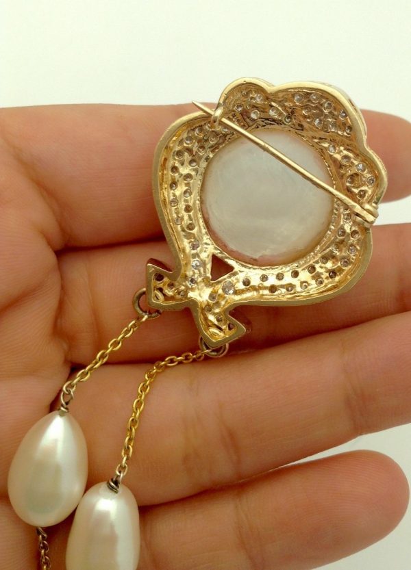 Vintage Hanging Brooch 14K Yellow Gold & 1CT VS Diamonds w/ South Sea Pearl