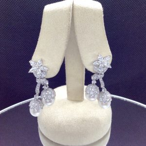 7.34 Ct Diamonds with 10mm South Sea Pearls Medium Dangle Platinum Earrings