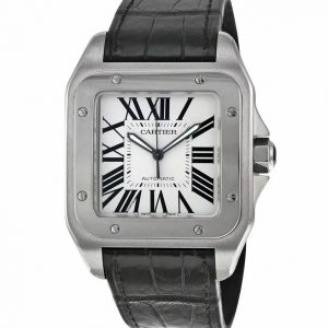 Front view of Silver Men's Watch with black strap, Cartier Santos 100 W20106X8 brand
