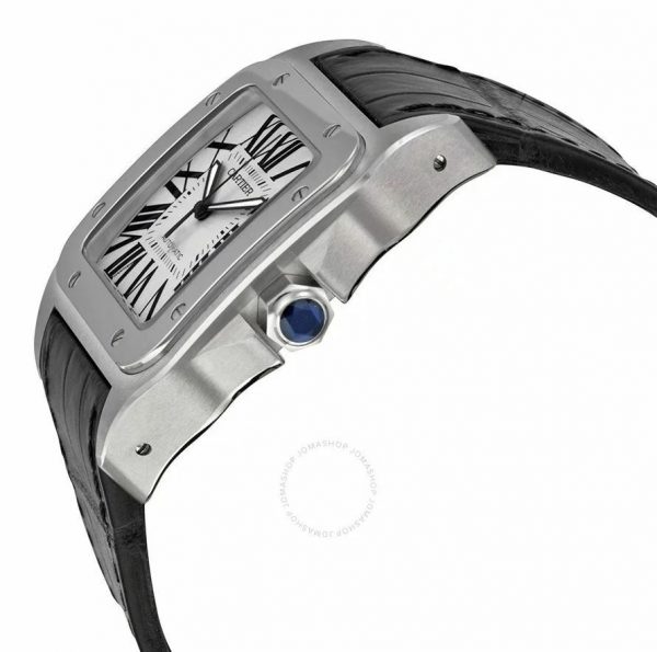 Side view of Silver Men's Watch with black strap, Cartier Santos 100 W20106X8 brand