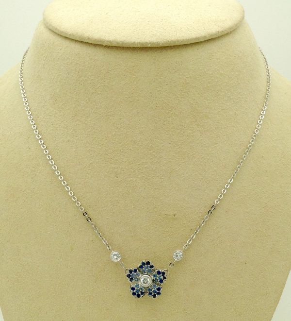 0.96 Ct Diamonds and 0.38 Sapphire Flower Cluster Necklace 14k
