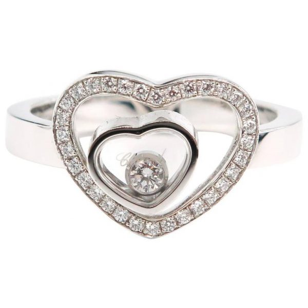 Front view of a ring with 1 small heart inside a bigger heart with gemstones