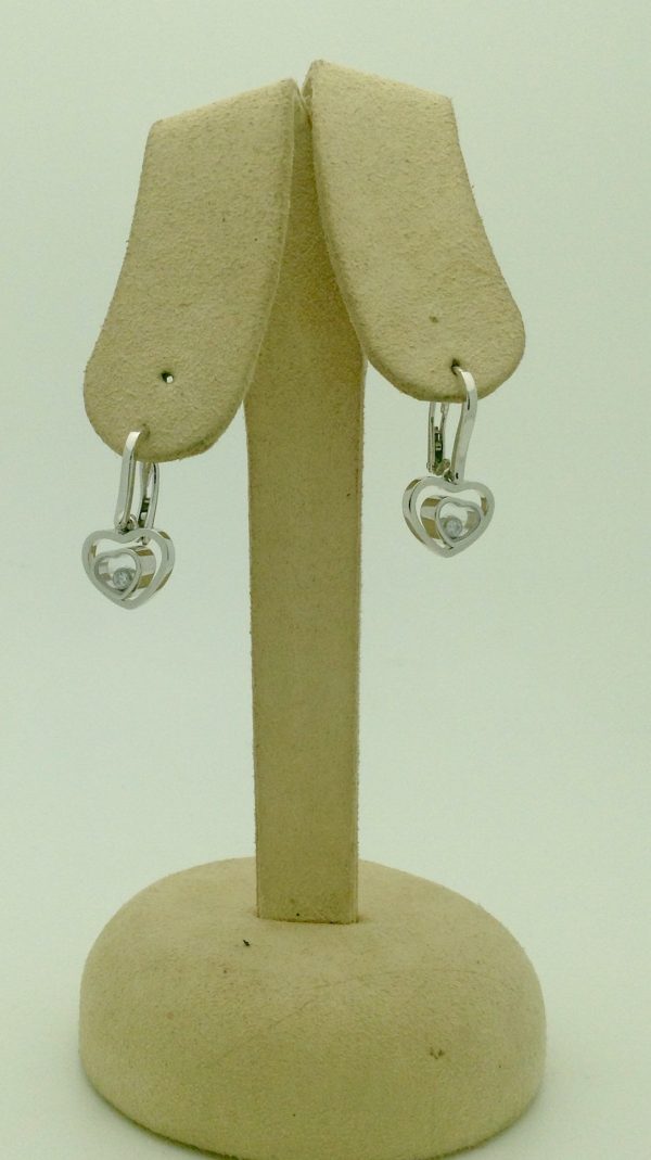 Chopard Happy Hearts White Gold Diamond Earrings 18k hanging on carton ears