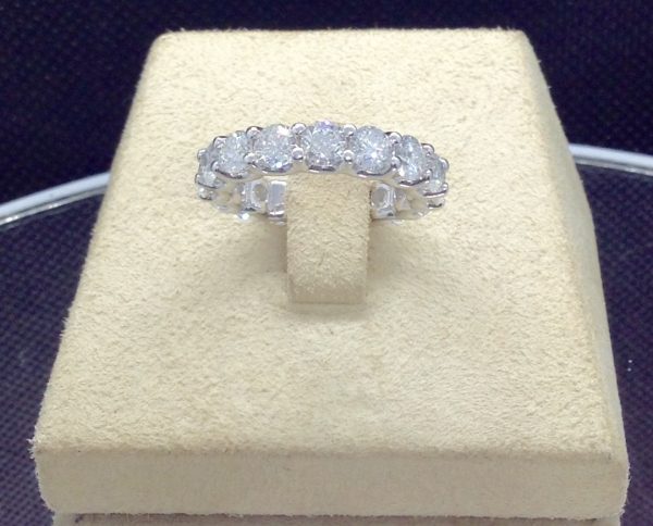 18K White Gold 5.00 Ct G/VS Eternity Ring in a jewelry box (front view)