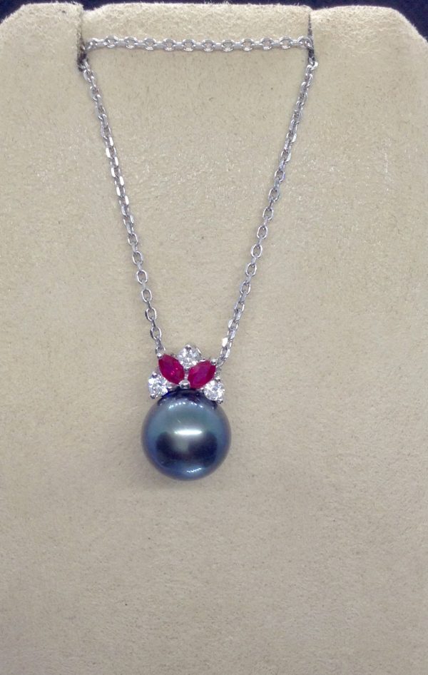 11mm Tahitian Pearl with 0.12 Ct Diamond and 0.20Ct Ruby 14k White Gold Pendant on a fake neck