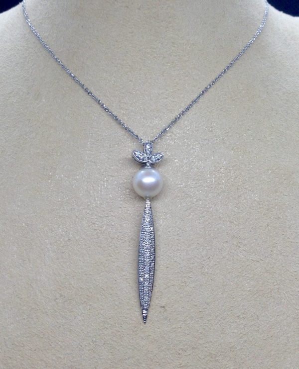 14k White Gold Necklace 8.5 mm South Sea Pearl with 1.00 Ct Diamond Design on a fake neck (front view)
