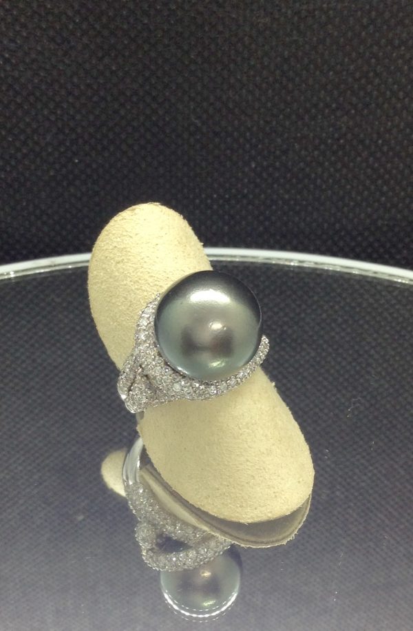 Magnificent 12mm Tahitian Pearl with 1.40 Ct Diamond 18k White Gold Ring on a fake finger (front view)