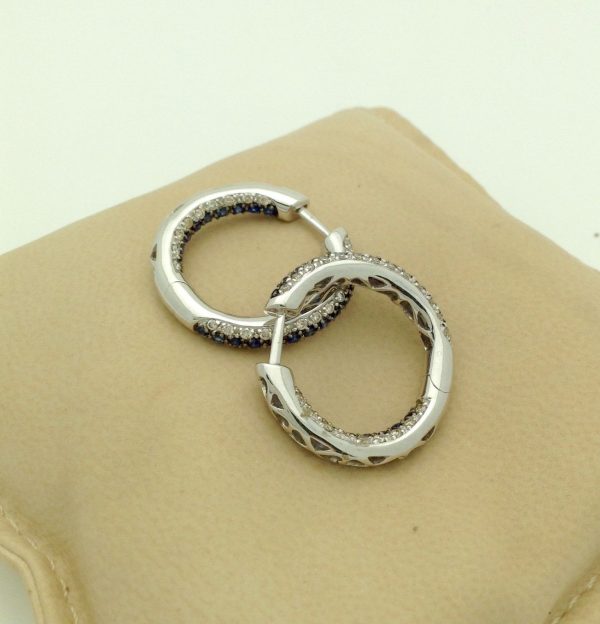 18K White Gold 3.00 CT VS Diamond and Blue Sapphire Inside Out Hoops Gorgeous