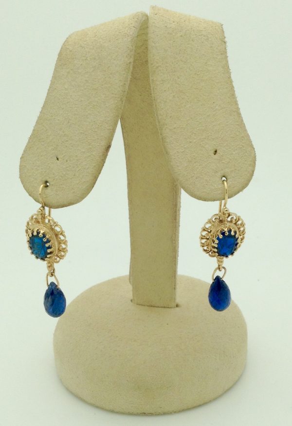 Art Deco 3.00 Ct Sapphire with 2.00 Ct Briollette Cut Sapphire 14k Earrings hanging on fake ears
