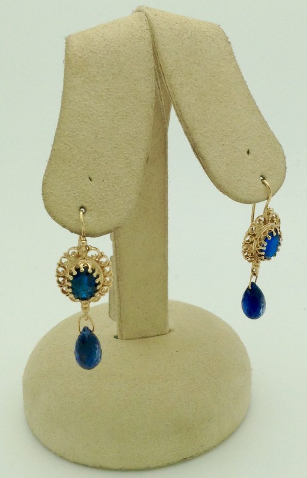 Art Deco 3.00 Ct Sapphire with 2.00 Ct Briollette Cut Sapphire 14k Earrings hanging on fake ears