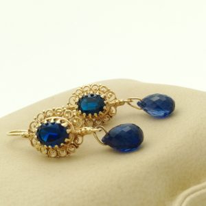 Art Deco 3.00 Ct Sapphire with 2.00 Ct Briollette Cut Sapphire 14k Earrings on a pillow