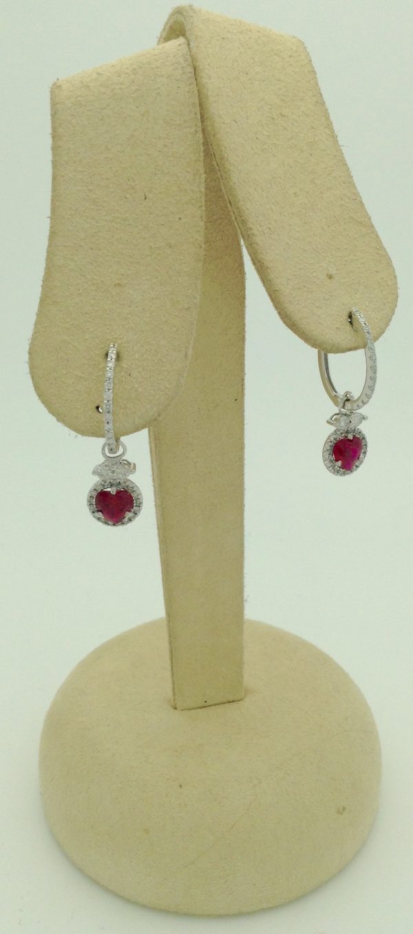 Classy 1.00 Ct Heart Shaped Ruby & 1.00 Ct Diamond Halo 14k White gold Hoops hanging on fake carton ears