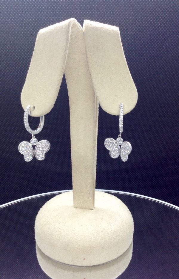 3.00 Ct Diamond Pave Butterfly 18k White Gold Dangle Earrings with Diamond Hoops on fake ears