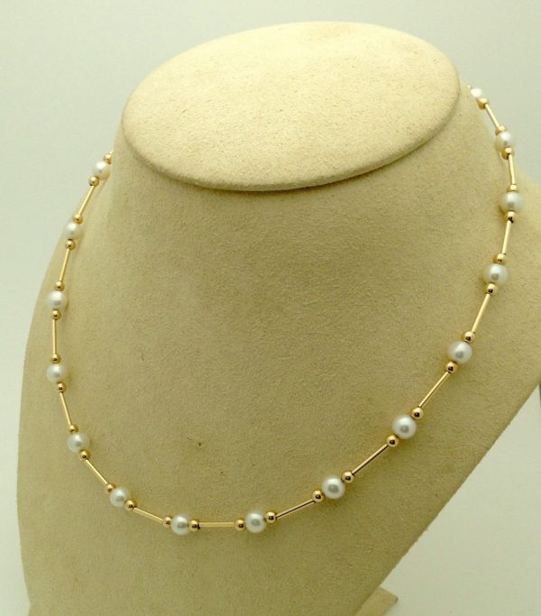 Classy 4mm Akoya Pearls w/ 14k yellow gold beads and bars