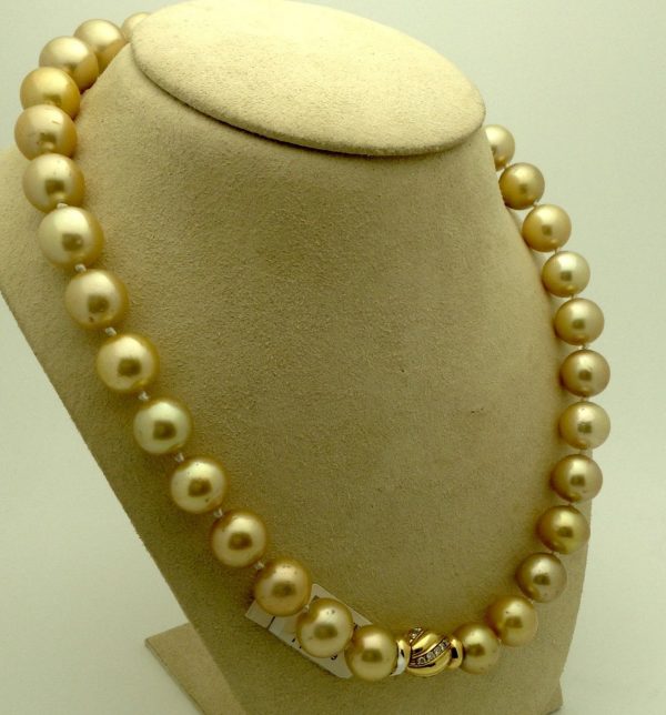 Golden South Sea Pearls 16mm 18k Yellow gold Clasp w/ VS Diamonds accents on a fake neck