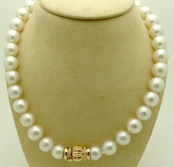 South Sea Cultured Pearls 13mm 18k Yellow Gold Clasp w/ VS Diamonds accents on a fake neck