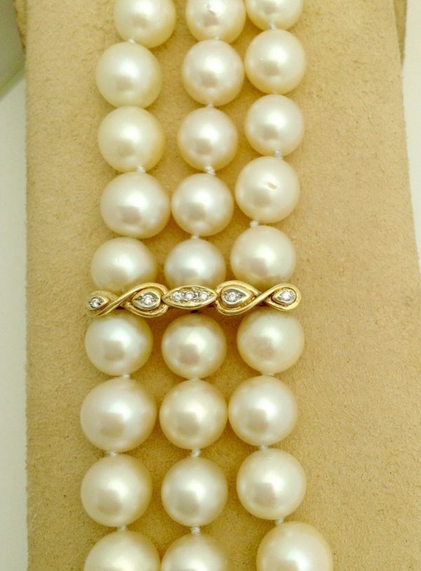 3 Row South Sea Cultured Pearls 8mm 18k Yellow Gold Clasp w/ VS Diamonds accents