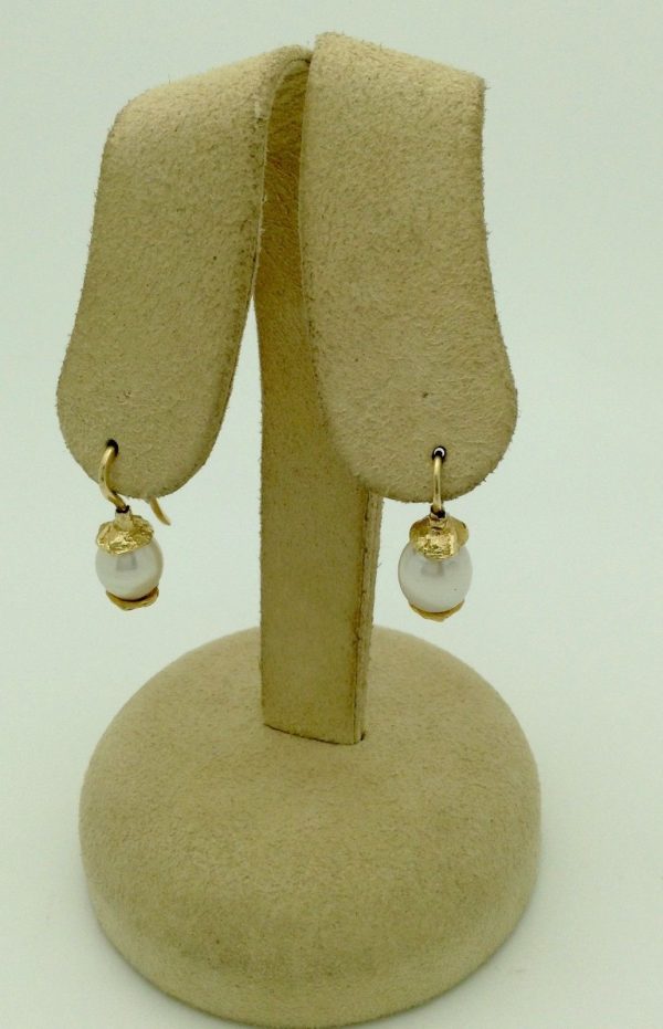Two Short Drop South Sea Cultured 10mm Pearls w/ 14k Yellow Gold Rustic Accents on fake ears