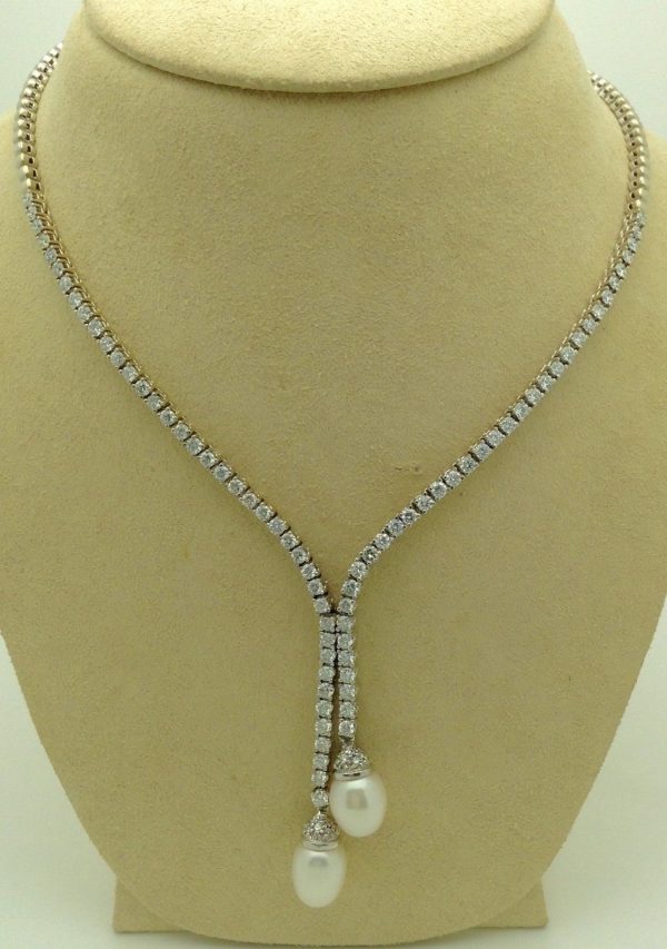 4.50ct VS Diamond 18k White Gold Tennis Necklace w/ 11mm South Sea Pearls hanging on a fake neck