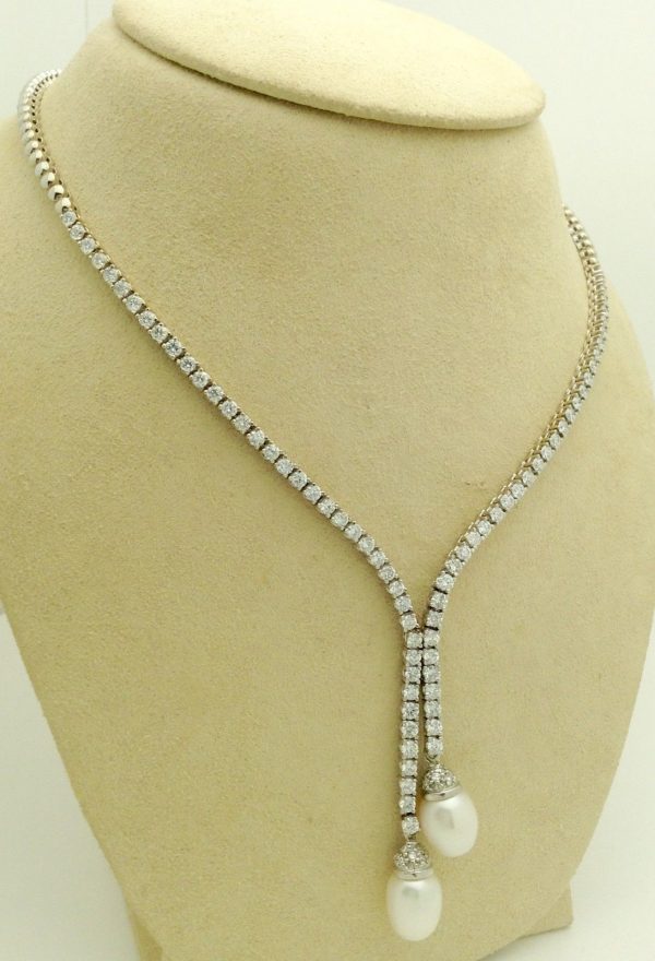 4.50ct VS Diamond 18k White Gold Tennis Necklace w/ 11mm South Sea Pearls hanging on a fake neck