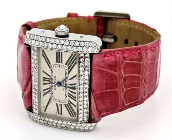 Cartier Divan Tank Diamond Bezel Watch with red strap
