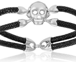 Silver skull bracelet made with rose gold and black strap