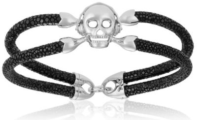 Silver skull bracelet made with rose gold and black strap